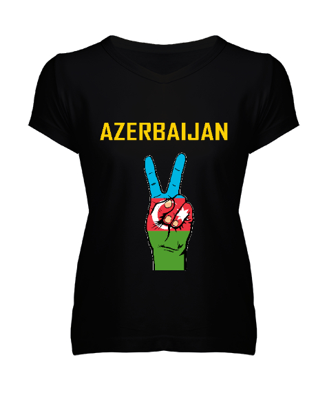 Tisho - Azerbaycan,Azerbaijan,Azerbaycan Bayrağı,Azerbaycan logosu. Siyah Kadın V Yaka Tişört