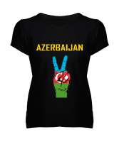 Azerbaycan,Azerbaijan,Azerbaycan Bayrağı,Azerbaycan logosu. Siyah Kadın V Yaka Tişört - Thumbnail