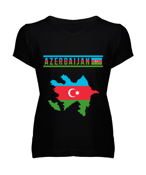 Tisho - Azerbaycan,Azerbaijan,Azerbaycan Bayrağı,Azerbaycan logosu. Siyah Kadın V Yaka Tişört