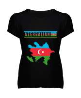 Azerbaycan,Azerbaijan,Azerbaycan Bayrağı,Azerbaycan logosu. Siyah Kadın V Yaka Tişört - Thumbnail