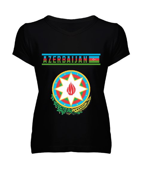 Tisho - Azerbaycan,Azerbaijan,Azerbaycan Bayrağı,Azerbaycan logosu. Siyah Kadın V Yaka Tişört