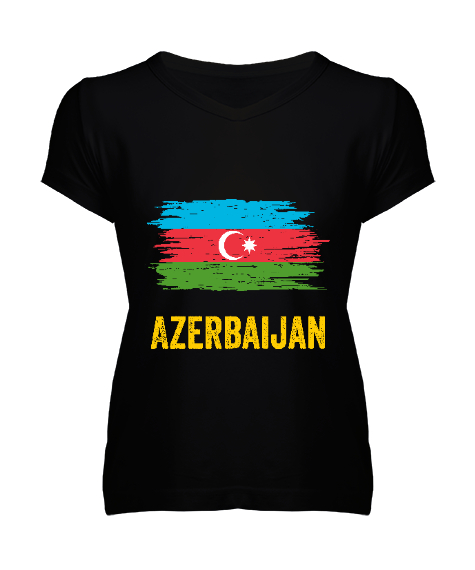 Tisho - Azerbaycan,Azerbaijan,Azerbaycan Bayrağı,Azerbaycan logosu. Siyah Kadın V Yaka Tişört