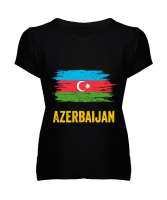 Azerbaycan,Azerbaijan,Azerbaycan Bayrağı,Azerbaycan logosu. Siyah Kadın V Yaka Tişört - Thumbnail