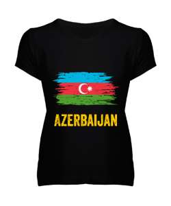 Azerbaycan,Azerbaijan,Azerbaycan Bayrağı,Azerbaycan logosu. Siyah Kadın V Yaka Tişört