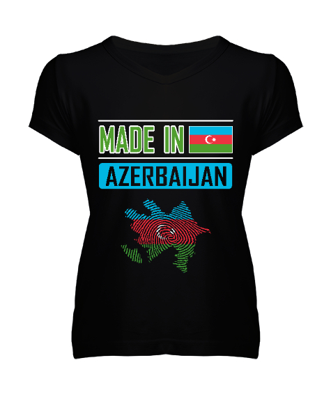 Tisho - Azerbaycan,Azerbaijan,Azerbaycan Bayrağı,Azerbaycan logosu. Siyah Kadın V Yaka Tişört