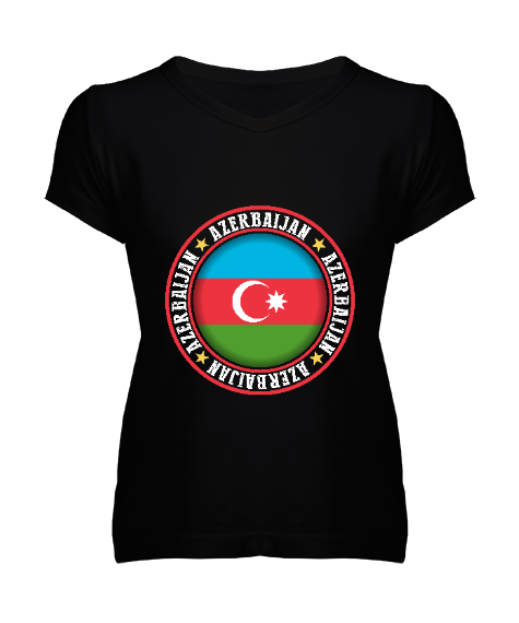 Tisho - Azerbaycan,Azerbaijan,Azerbaycan Bayrağı,Azerbaycan logosu. Siyah Kadın V Yaka Tişört