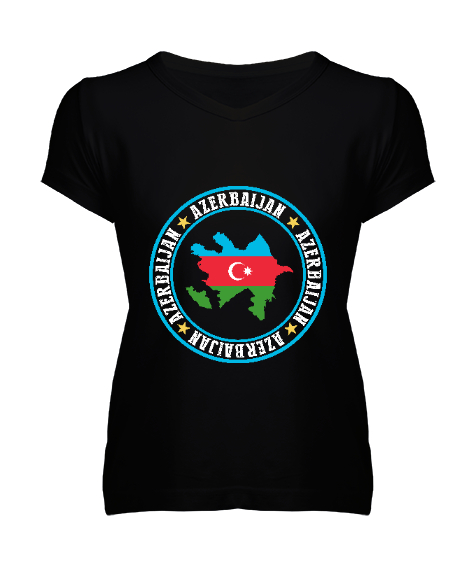 Tisho - Azerbaycan,Azerbaijan,Azerbaycan Bayrağı,Azerbaycan logosu. Siyah Kadın V Yaka Tişört