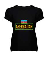 Azerbaycan,Azerbaijan,Azerbaycan Bayrağı,Azerbaycan logosu. Siyah Kadın V Yaka Tişört - Thumbnail