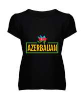 Azerbaycan,Azerbaijan,Azerbaycan Bayrağı,Azerbaycan logosu. Siyah Kadın V Yaka Tişört - Thumbnail