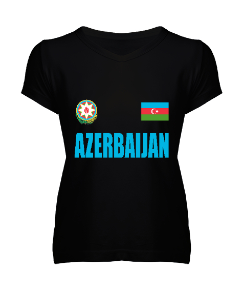 Tisho - Azerbaycan,Azerbaijan,Azerbaycan Bayrağı,Azerbaycan logosu. Siyah Kadın V Yaka Tişört