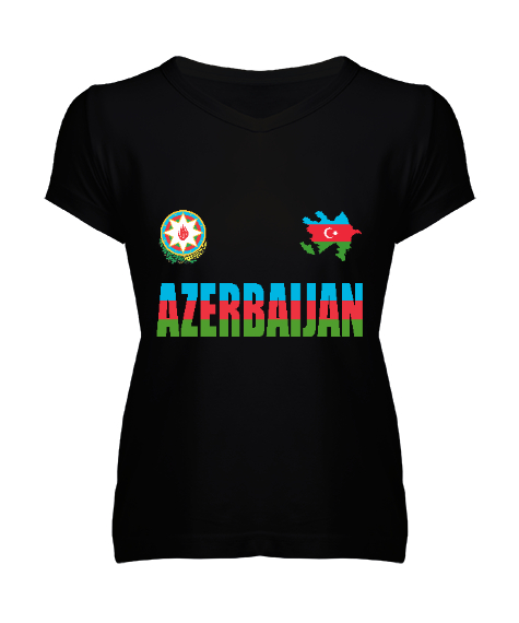 Tisho - Azerbaycan,Azerbaijan,Azerbaycan Bayrağı,Azerbaycan logosu. Siyah Kadın V Yaka Tişört