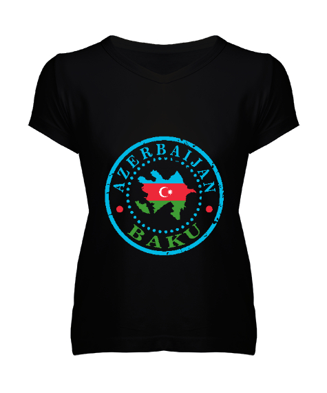 Tisho - Azerbaycan,Azerbaijan,Azerbaycan Bayrağı,Azerbaycan logosu. Siyah Kadın V Yaka Tişört