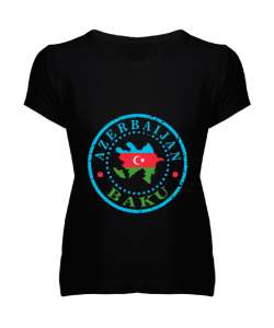 Azerbaycan,Azerbaijan,Azerbaycan Bayrağı,Azerbaycan logosu. Siyah Kadın V Yaka Tişört