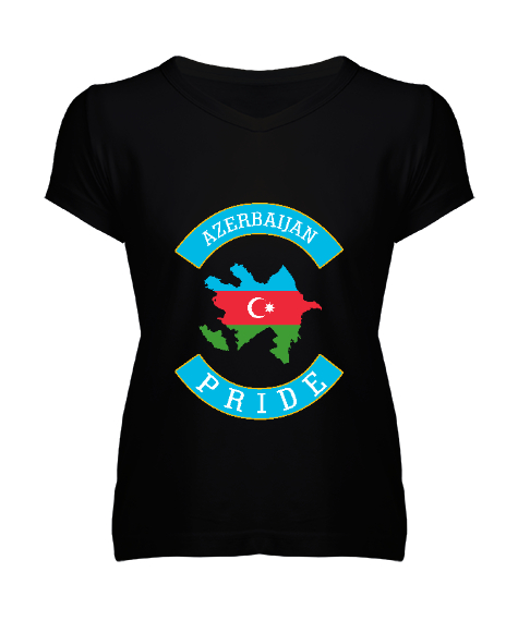 Tisho - Azerbaycan,Azerbaijan,Azerbaycan Bayrağı,Azerbaycan logosu. Siyah Kadın V Yaka Tişört