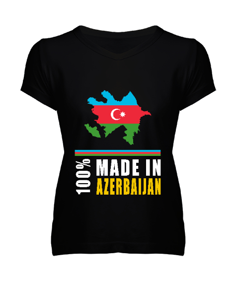 Tisho - Azerbaycan,Azerbaijan,Azerbaycan Bayrağı,Azerbaycan logosu. Siyah Kadın V Yaka Tişört