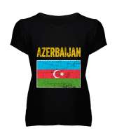 Azerbaycan,Azerbaijan,Azerbaycan Bayrağı,Azerbaycan logosu. Siyah Kadın V Yaka Tişört - Thumbnail