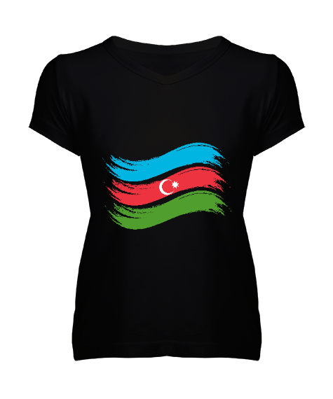 Tisho - Azerbaycan,Azerbaijan,Azerbaycan Bayrağı,Azerbaycan logosu. Siyah Kadın V Yaka Tişört