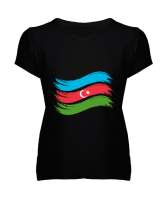 Azerbaycan,Azerbaijan,Azerbaycan Bayrağı,Azerbaycan logosu. Siyah Kadın V Yaka Tişört - Thumbnail