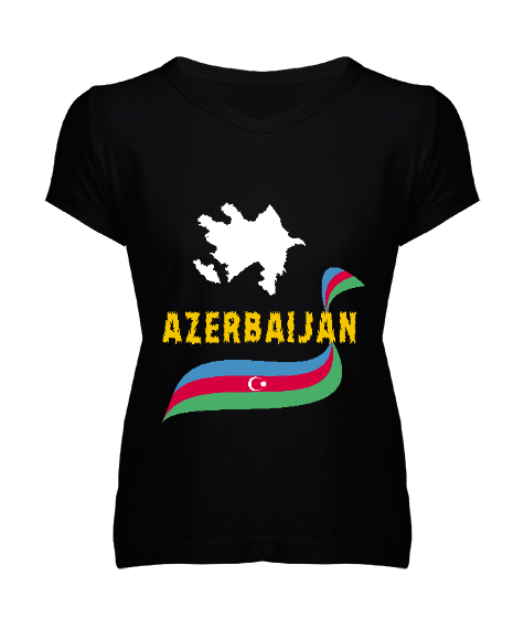 Tisho - Azerbaycan,Azerbaijan,Azerbaycan Bayrağı,Azerbaycan logosu. Siyah Kadın V Yaka Tişört