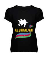 Azerbaycan,Azerbaijan,Azerbaycan Bayrağı,Azerbaycan logosu. Siyah Kadın V Yaka Tişört - Thumbnail