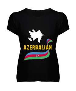 Azerbaycan,Azerbaijan,Azerbaycan Bayrağı,Azerbaycan logosu. Siyah Kadın V Yaka Tişört