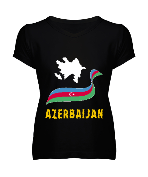 Tisho - Azerbaycan,Azerbaijan,Azerbaycan Bayrağı,Azerbaycan logosu. Siyah Kadın V Yaka Tişört