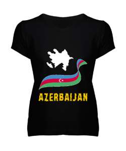 Azerbaycan,Azerbaijan,Azerbaycan Bayrağı,Azerbaycan logosu. Siyah Kadın V Yaka Tişört