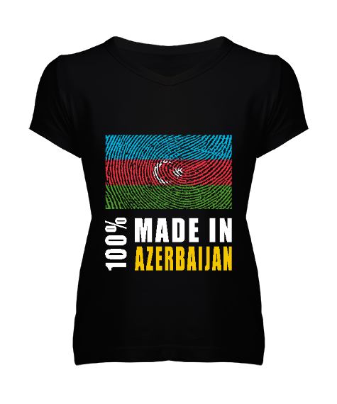 Tisho - Azerbaycan,Azerbaijan,Azerbaycan Bayrağı,Azerbaycan logosu. Siyah Kadın V Yaka Tişört