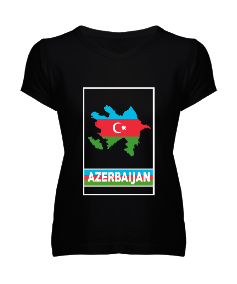 Tisho - Azerbaycan,Azerbaijan,Azerbaycan Bayrağı,Azerbaycan logosu. Siyah Kadın V Yaka Tişört