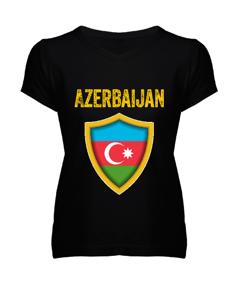 Tisho - Azerbaycan,Azerbaijan,Azerbaycan Bayrağı,Azerbaycan logosu. Siyah Kadın V Yaka Tişört