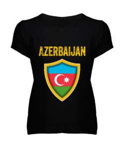 Azerbaycan,Azerbaijan,Azerbaycan Bayrağı,Azerbaycan logosu. Siyah Kadın V Yaka Tişört