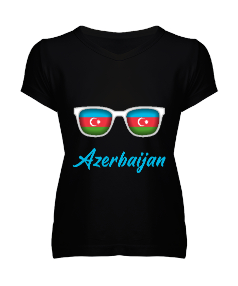 Tisho - Azerbaycan,Azerbaijan,Azerbaycan Bayrağı,Azerbaycan logosu. Siyah Kadın V Yaka Tişört