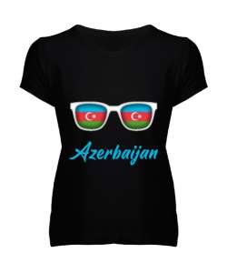 Azerbaycan,Azerbaijan,Azerbaycan Bayrağı,Azerbaycan logosu. Siyah Kadın V Yaka Tişört