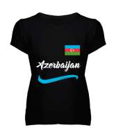 Azerbaycan,Azerbaijan,Azerbaycan Bayrağı,Azerbaycan logosu. Siyah Kadın V Yaka Tişört - Thumbnail