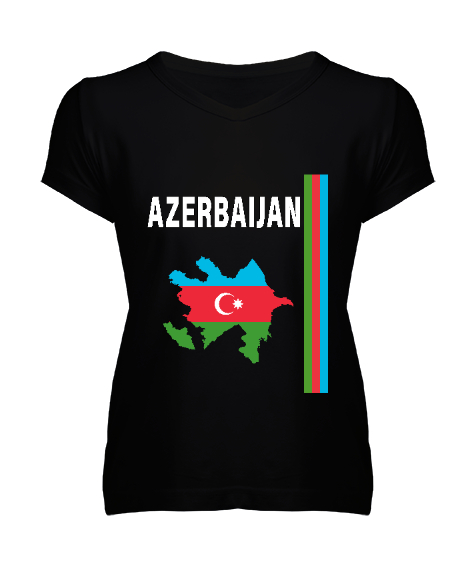 Tisho - Azerbaycan,Azerbaijan,Azerbaycan Bayrağı,Azerbaycan logosu. Siyah Kadın V Yaka Tişört