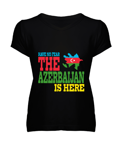 Tisho - Azerbaycan,Azerbaijan,Azerbaycan Bayrağı,Azerbaycan logosu. Siyah Kadın V Yaka Tişört