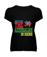 Azerbaycan,Azerbaijan,Azerbaycan Bayrağı,Azerbaycan logosu. Siyah Kadın V Yaka Tişört - Thumbnail