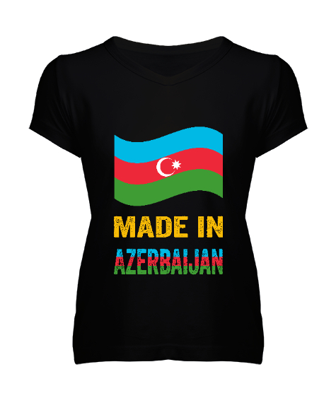 Tisho - Azerbaycan,Azerbaijan,Azerbaycan Bayrağı,Azerbaycan logosu. Siyah Kadın V Yaka Tişört