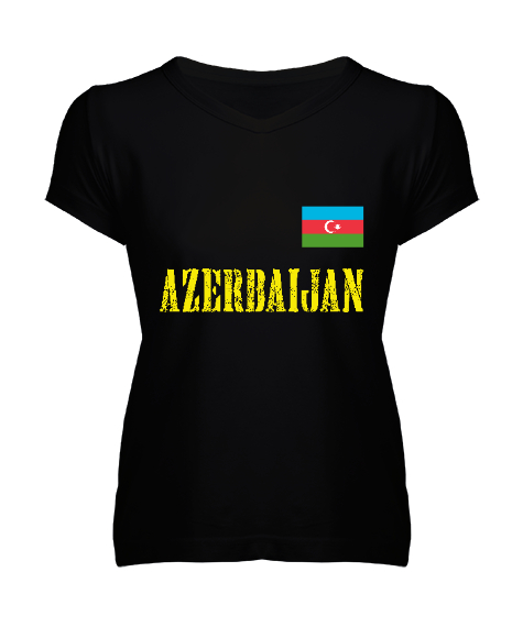 Tisho - Azerbaycan,Azerbaijan,Azerbaycan Bayrağı,Azerbaycan logosu. Siyah Kadın V Yaka Tişört