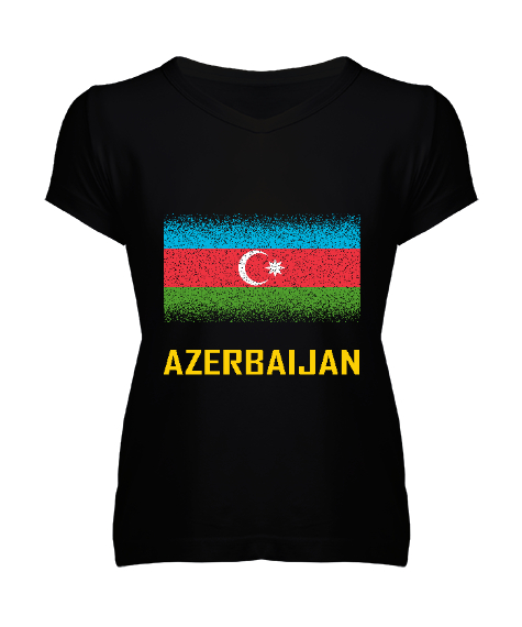 Tisho - Azerbaycan,Azerbaijan,Azerbaycan Bayrağı,Azerbaycan logosu. Siyah Kadın V Yaka Tişört