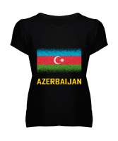 Azerbaycan,Azerbaijan,Azerbaycan Bayrağı,Azerbaycan logosu. Siyah Kadın V Yaka Tişört - Thumbnail