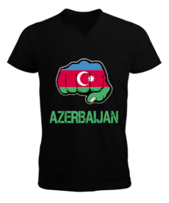 Azerbaycan,Azerbaycan ve Türkiye,Azerbaycan Bayrağı,Türkiye Bayrağı. Erkek Kısa Kol V Yaka Tişört