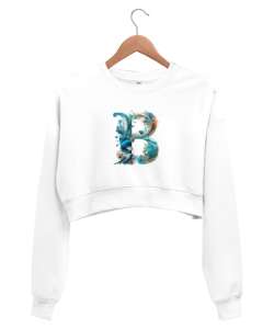 B harfi Beyaz Kadın Crop Sweatshirt