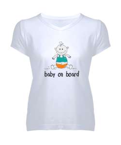 Baby On Board - Bebek Ruhlu Beyaz Kadın V Yaka Tişört