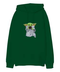 BABY YODA Çimen Yeşili Oversize Unisex Kapüşonlu Sweatshirt