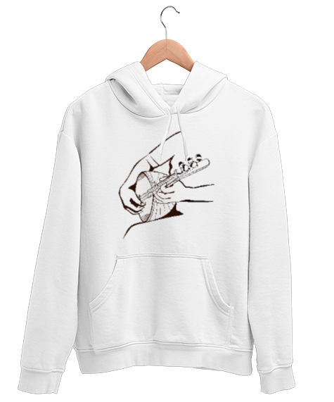 Tisho - Bağlama Çalma- Saz - Enstrüman Beyaz Unisex Kapşonlu Sweatshirt