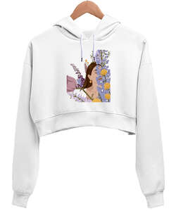 BAHAR Beyaz Kadın Crop Hoodie Kapüşonlu Sweatshirt