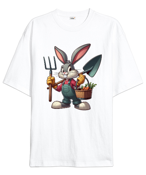 Tisho - BAHÇIVAN BUNNY Beyaz Oversize Unisex Tişört