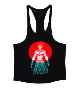 Baki Anime Tasarım Vücut Geliştirme GYM Bodybuilding Fitness Baskılı Siyah Erkek Tank Top Atlet