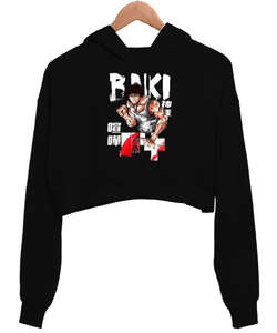 BAKI HANMA ANIME - Baki Hanma Retro 90s Baskılı Siyah Kadın Crop Hoodie Kapüşonlu Sweatshirt